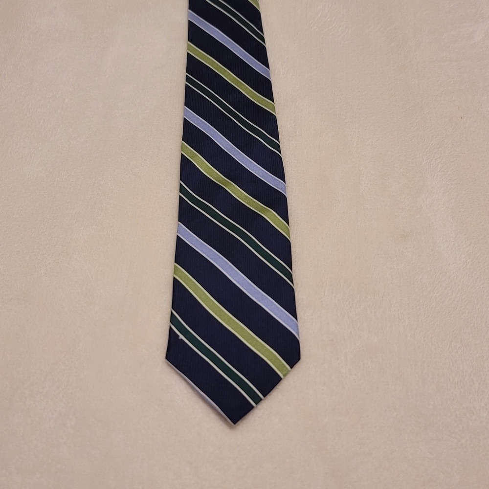 Chaps Silk Necktie Mens OS Navy Blue Green Striped Classic Hand Made Tie - Picture 8 of 8